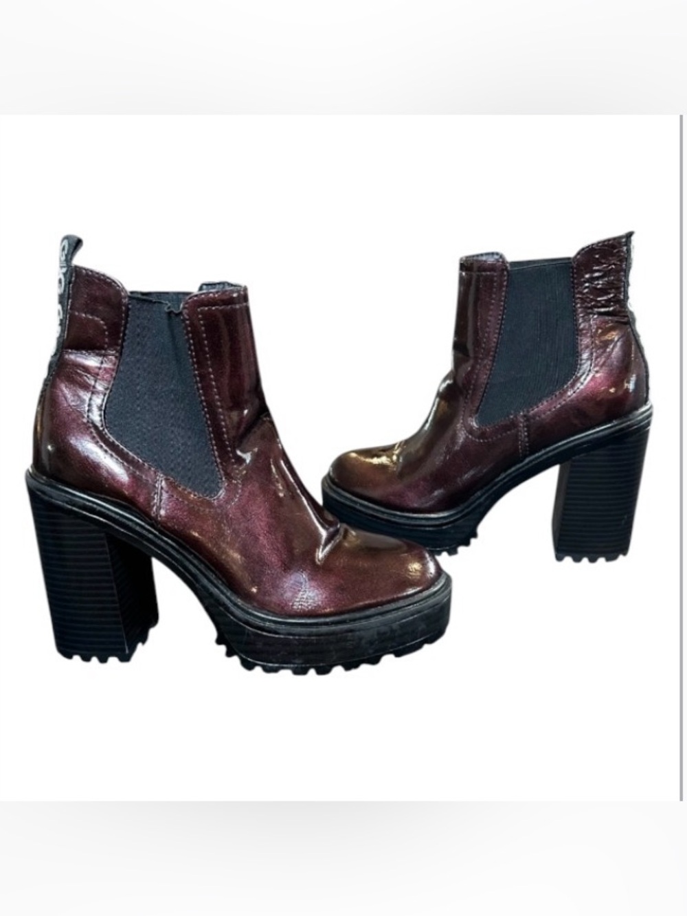 GBG Los Angeles Starfly Maroon Patent Platform Block Heel Chelsea Boots